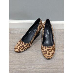 Ecco Women's Wedge Heels Leopard Print Calf Hair Tan Black Shoes Sz 40 US 9.5/10